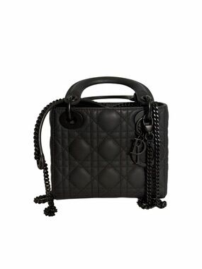 Dior Lady Dior Mini Black Matte Cannage Quilted Top Handle Bag Logo Charm